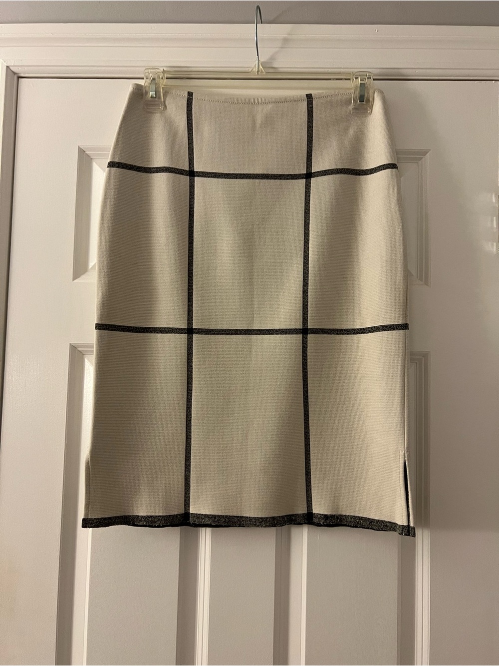 St. John Cream with Black Windowpane Pencil Skirt, Size 8